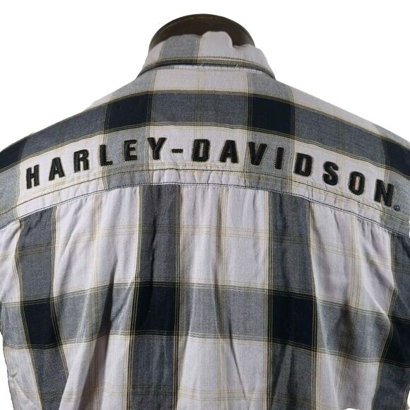 Genuine Harley Davidson Shirt Mens L Black White Plaid Spellout Logo Cotton - Picture 7 of 14